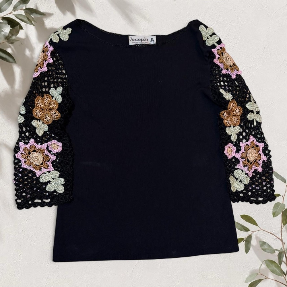Joseph A. Crochet Floral Sleeve Top Black Y2K Grannycore Cottagecore Small